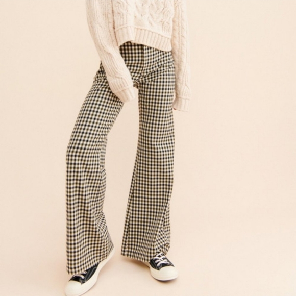 Free People Pants - Free People Jules Black Olive Green Plaid Check High Rise Wide Leg Trouser Pant